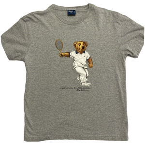 VTG 90s Y2K Polo Ralph Lauren Bear Tennis Retro Graphic Shirt Tee Small Men Gray